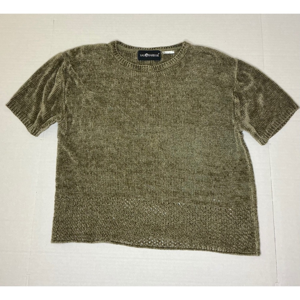 VTG 90s Sag Harbor Open Stitch Chenille Knit Boxy Crewneck Short Sleeve Sweater